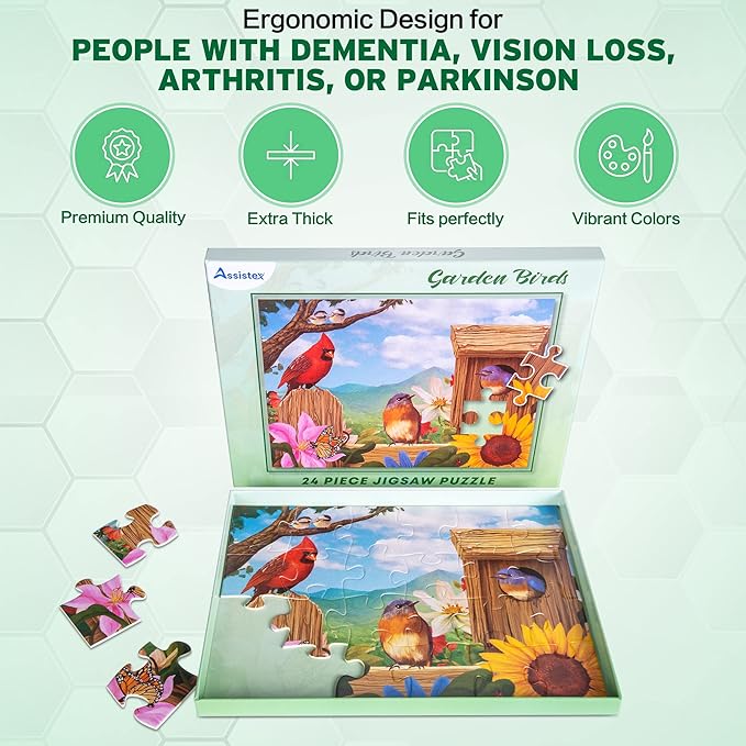 Assistex Dementia Jigsaw 24 Large Puzzle for Seniors - Alzheimer's Activity for Adults with Conversation Prompts - Best Memory Game for Patiens in Nursing Home - Build in Box Activities for Elderly