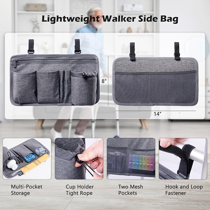 BAGSFY 2-Pack Walker Side Bag, Universal Walker Accessories with Cup Holder, Waterproof Folding Walker Organizer Caddy Pouch for Most Walkers with Side Bars, Double-Sided Storage for Seniors & Elderly