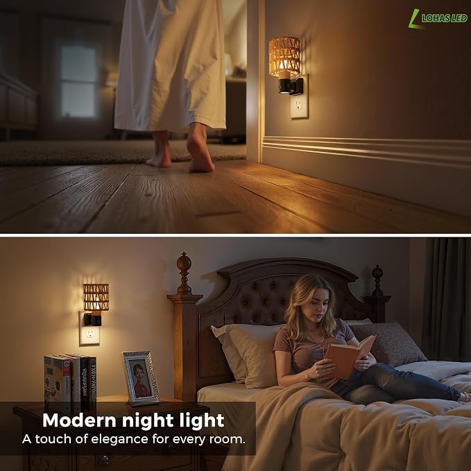 L LOHAS LED Cylindrical Ironwork Boho Lampshade Decor Night Light | 2 Pack Night Lights Plug into Wall,350°Rotatable Dusk to Dawn Sensor Vintage Nightlight for Bedroom Living Room Hallway