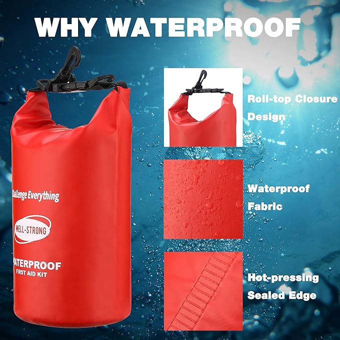 WELL-STRONG Emergency First Aid Kit for Boating & Marine Safety Waterproof Medical Supplies with Roll Top Design for Fishing, Kayaking Red
