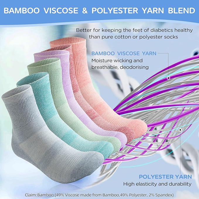 Bulinlulu Bamboo Viscose Diabetic Socks, 6 Pairs Non Binding Ankle Socks, Reinforced Toe, Size 6-9/9-11/13-15