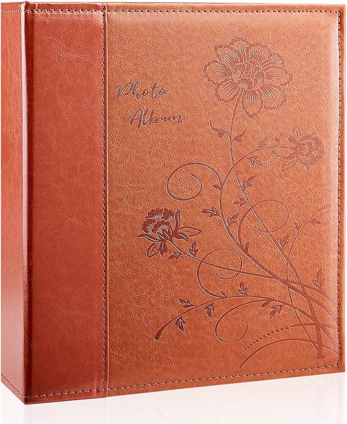 Photo Album 8x10 Clear Pages Pockets Leathe Cover Slip Slide in Photo Album Holds 100 Vertical 8x10 Photos Picture Book for Wedding Family (Brown)