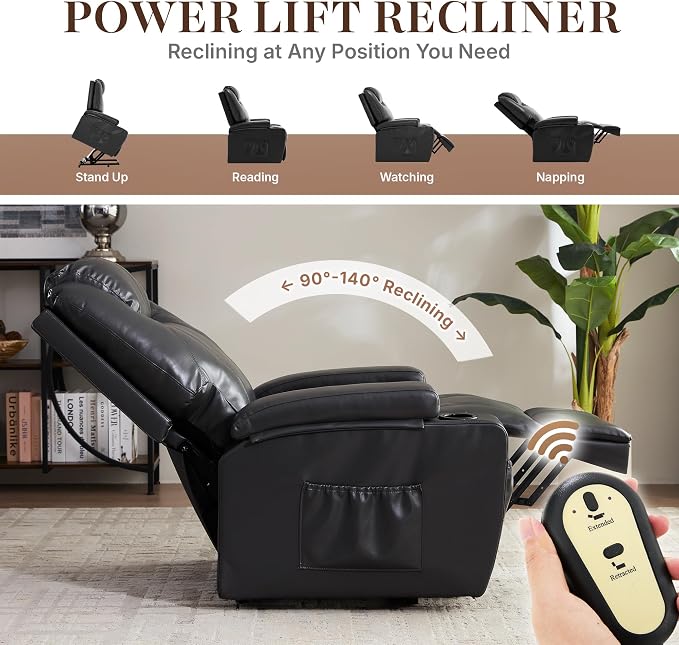 Power Lift Recliner Chair for Elderly, Electric Lift Chair with Massage & Heat, PU Leather Reclining Sofa with Cup Holders, Side Pockets for Living Room Bedroom