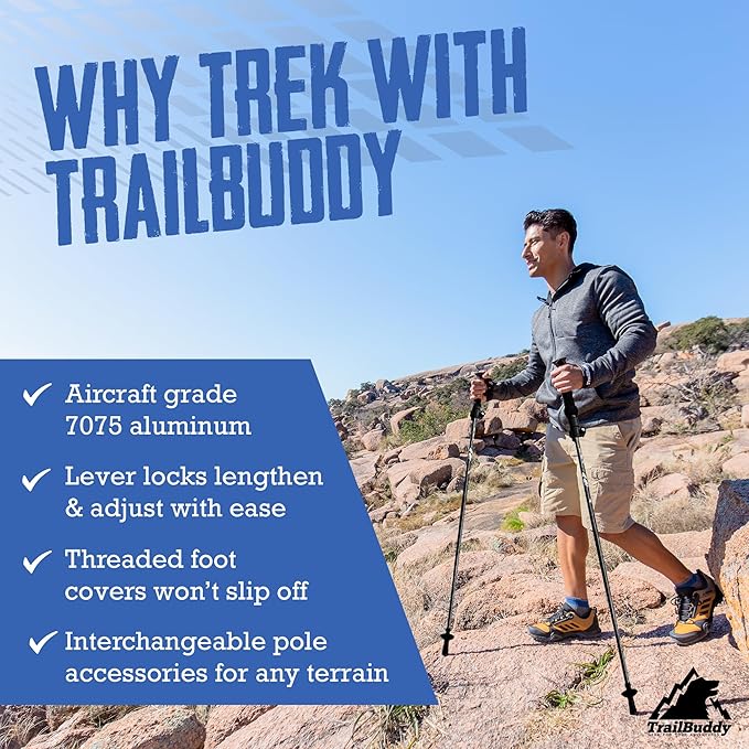 TrailBuddy Trekking Poles – Lightweight 7075 Aluminum Hiking Poles for Women, Men & Seniors – Collapsible or Foldable Walking Sticks for Travel, Trails & Balance