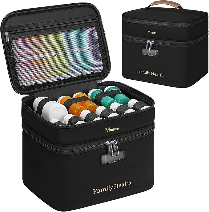 Mancro Lockable Medicine Bag, 2-Layer Pill Bottle Organizer Storage | Adjustable Dividers, Medication Travel Case for Pill, Vitamins & Supplements, Medicine Organizer for Dorm, Home Use and Trips