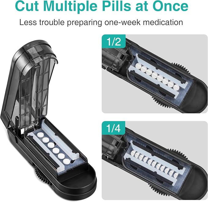 Fullicon Pill Cutter, Adjustable Cutter with precision alignment, Stainless Steel Blade & Guard, Splitter with Free Brush & Pill Box (Black)