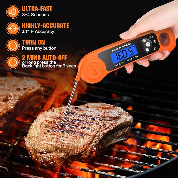 AMMZO Digital Meat Thermometer for Grilling, Candy Thermometer Instant Read Food Thermometer Waterproof with Backlight for Cooking, Deep Fry, BBQ, Grill, Smoker and Roast (Orange)