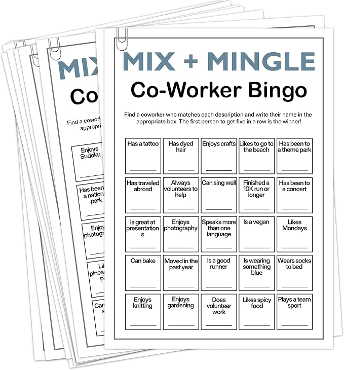 Office Bingo Cards, 25 Unique Randomized 5x7 Sheets, Get to Know You Bingo Game for Adults, Ice Breaker Office Party Games, Team Building Games for Work, High Replay Value - A02