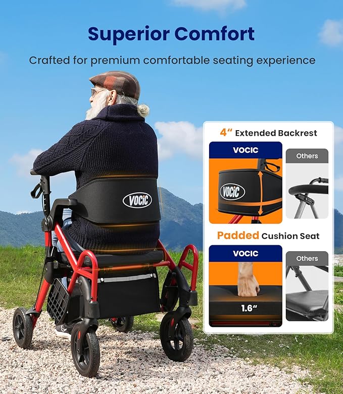 VOCIC Walkers for Seniors, Z55 2 in 1 Walker Wheelchair Combo, No-Bend Footrest, Rollator with 10" All Terrain Big Wheels, Transport Wheelchair Foldable, Rollator with Seat & Brakes, Storage Bag