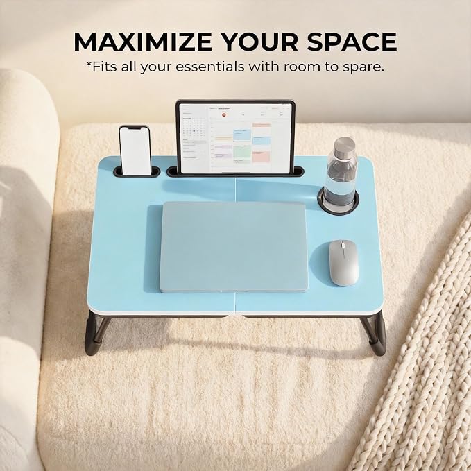 BUYIFY 23.4" Foldable Lap Desk Bed Table with Cup Holder Tray Blue | Portable Folds Flat for Easy Storage, No Assembly Laptop Bed Desk, Sturdy and Lightweight, Patent Design