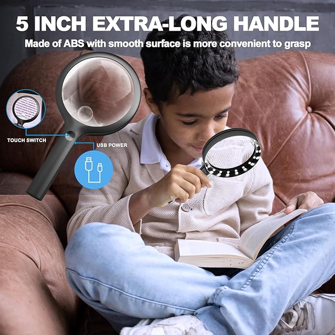 30X 40X Charge Magnifier with Light, NUEYiO 4.33Inch Large Handheld Magnifying Glass with Light, 20 Daylight LEDs & Third Gear Dimming Lighted Magnifying Glass for Seniors Reading Jewelry -Black