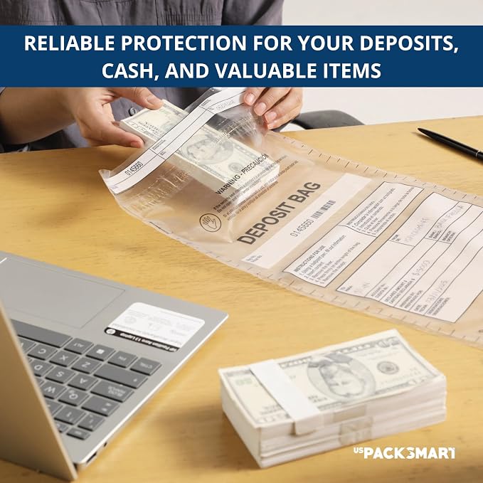 Clear Plastic Deposit Bags 10"x13" | Secure Bank Deposits, Cash Handling or Safe Currency Transportation | Sequential Barcodes | Tamper-Evident | Tear-Off Receipt for Security | 100-Pack