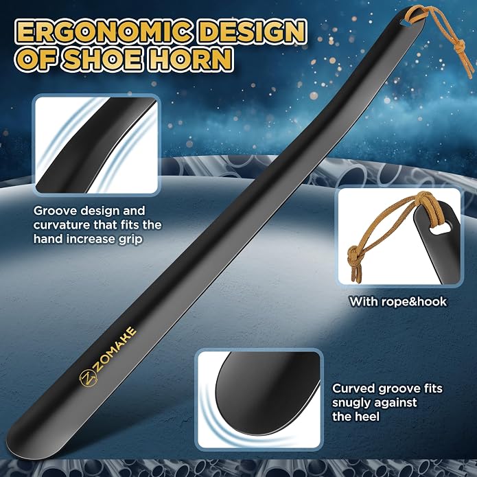 ZOMAKE Shoe Horn Long Handle for Seniors Men Women,16.5" Metal Long Shoehorn for Boots Shoe Spoon Helper