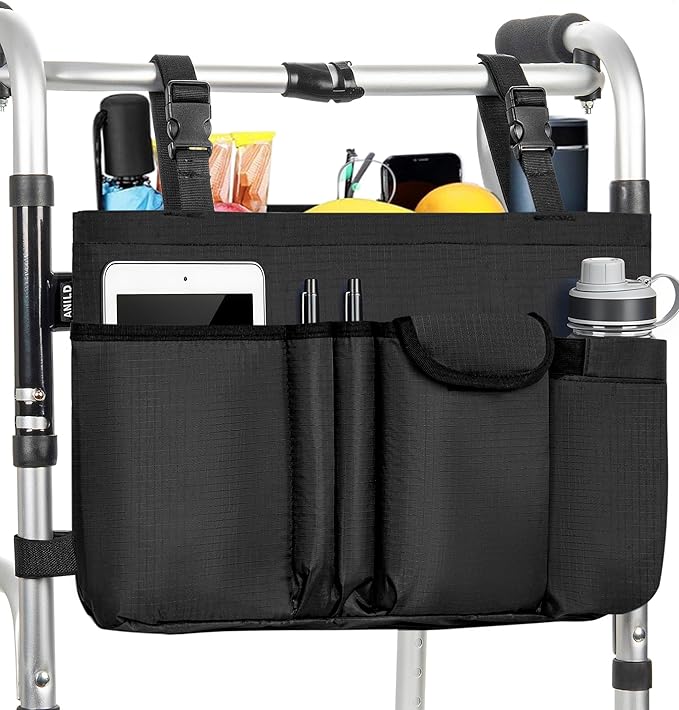 ANILD Walker Bag Basket with Cup Holder, Foldable Walker Bag for Folding Walker Accessories for Seniors Elderly, Walker Storage Bag with Large Capacity