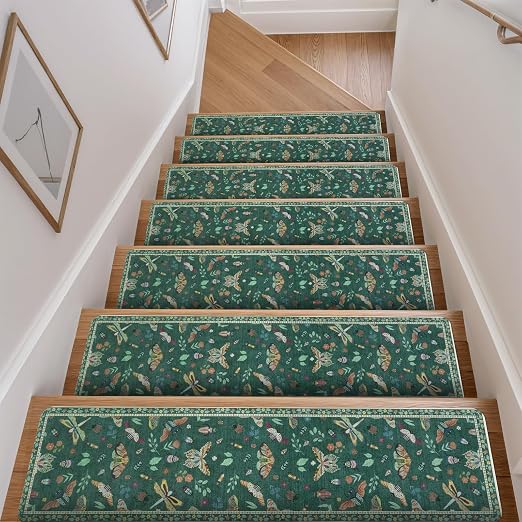 OJIA Insect Stair Treads Non Slip 15PC 8"x30" Stair Runner for Wooden Steps | Indoor Carpet Stair Treads Rubber Stair Mats Residue-Free Staircase Step Treads for Kids, Elders, Pets, Dark Green