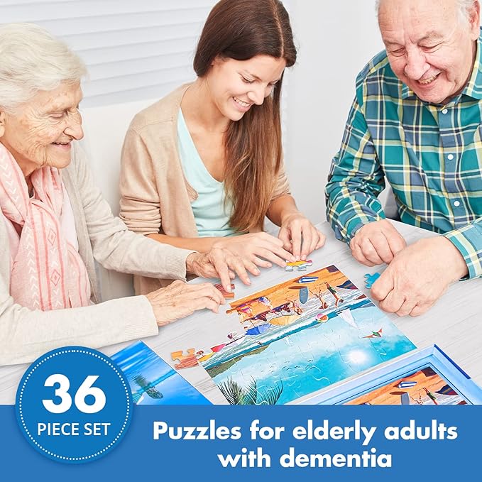 Assistex Large Piece Jigsaw Puzzle for Seniors with Dementia with Conversation Prompts, Large Piece Memory Game for Adults, Elderly, and Dementia Patients – Beach Puzzle, 36 pcs