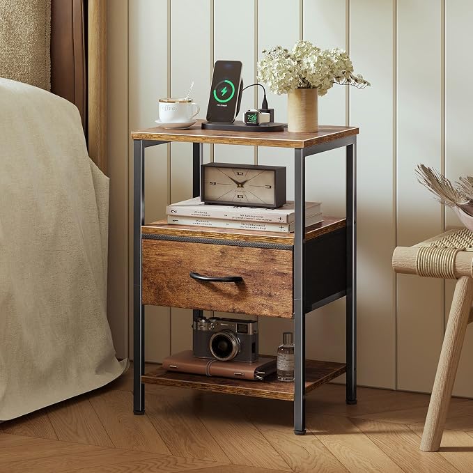 SUPERJARE Nightstand with Charging Station, Bed Side Table with Adjustable Fabric Drawer, Night Stand for Bedroom, 3-Tier Storage End Table, for Living Room, Rustic Brown | Night Stand for Bedroom, with Adjustable Fabric Drawer, 3-Tier Storage End Tabl...