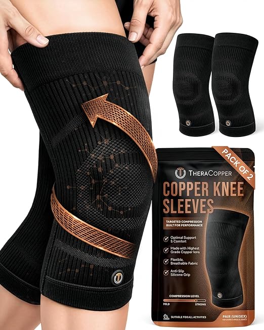 TheraCopper Copper Knee Brace for Men & Women (2 Pack) — Non-Slip Compression Copper Knee Sleeve for Arthritis, Knees Pain Relief, Swelling, Anti inflammatory and Recovery Support (X-Large)
