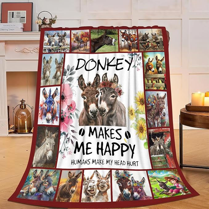Donkey Blanket Soft Cozy Donkey Plush Throw Blanket Farm Donkey Stuff Decor Warm Lightweight Animal Flannel Fleece Blanket Giftsfor Lover Girls Kids Boys Women Adults Bed Travel 40"x50"