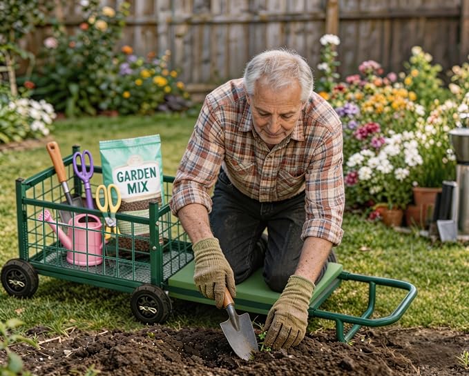 Extra-Large Rolling Garden Cart and Kneeler, 4-in-1 Garden Seat with Wheels | Heavy Duty Gardenning Cart with Seat and Kneeler, Rolling Stools with Wheels for Seniors Gardening