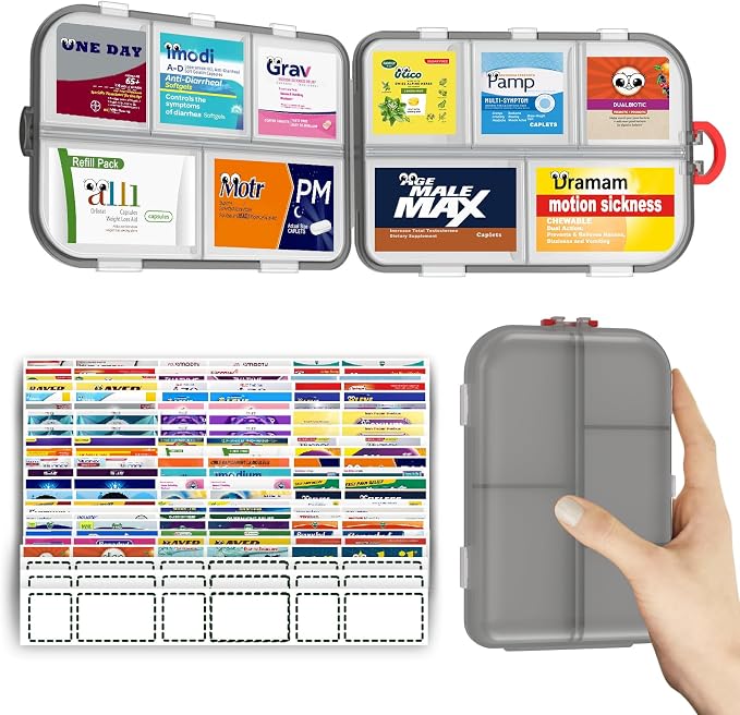 Pill Organizer Travel Medicine Case - Daily Pill Organizer with 144 Labels, Portable Travel Essentials for Medication