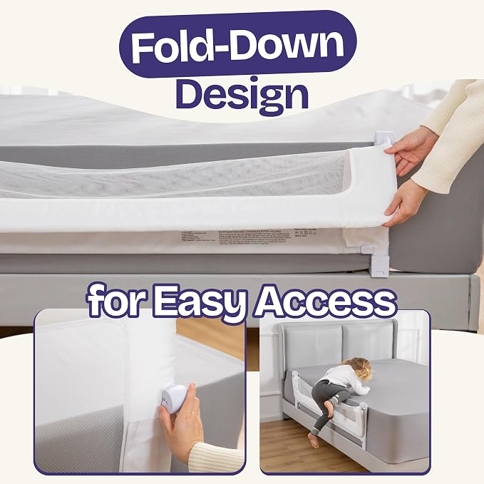 ComfyBumpy Premium Adjustable Bed Rail for Toddlers, Swing-Down Safety Guard, Height Adjusts 24.4"–32.3"H, Extra-Long 55.5", Sturdy Steel & Breathable Mesh, For Twin, Full, Queen & King, White, 1-Pack
