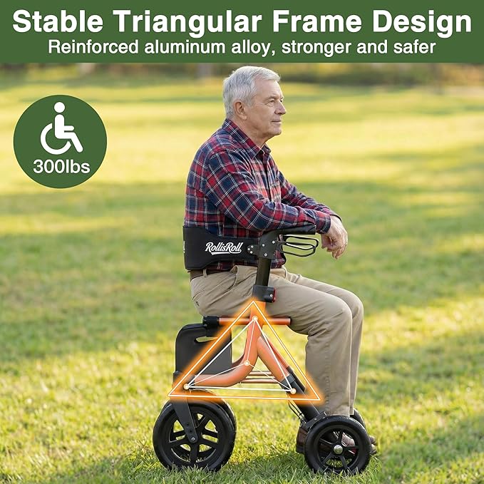 Walkers for Seniors, Rollator Walker with Seat, 12" Big Rubber Wheels All Terrain Rolling Walker with Backrest, Foldable Rollator Walker, Reinforced Aluminum Frame, Built-in Cable, Orange