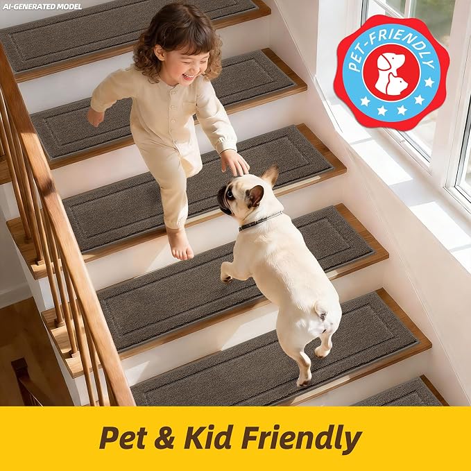 JSEI Stair Treads for Wooden Steps Indoor, 15-Pack, 30" x 8", Light Brown | Non Slip Stair Treads, Washable Polyester Stair Mats with TPE Backing, Low Profile Stair Rugs for Kids, Seniors and Dogs