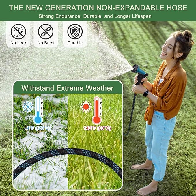 Garden Hose Non-Expandable 50 ft, Lightweight Flexible Water Hose with 10 Function Spray Nozzle, Outdoor Leak Proof, Kink-Free, Portable Hose for Yard, Lawn, Camper, High-Density Fabric, Black Blue