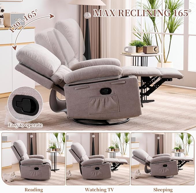 Recliner Chair for Adults, Swivel Rocker Recliner with Massage and Heat, Nursery Glider Recliner, Manual Reclining Chair with Cup Holder and Side Pocket, Rocking Chair for Bedroom, Gray