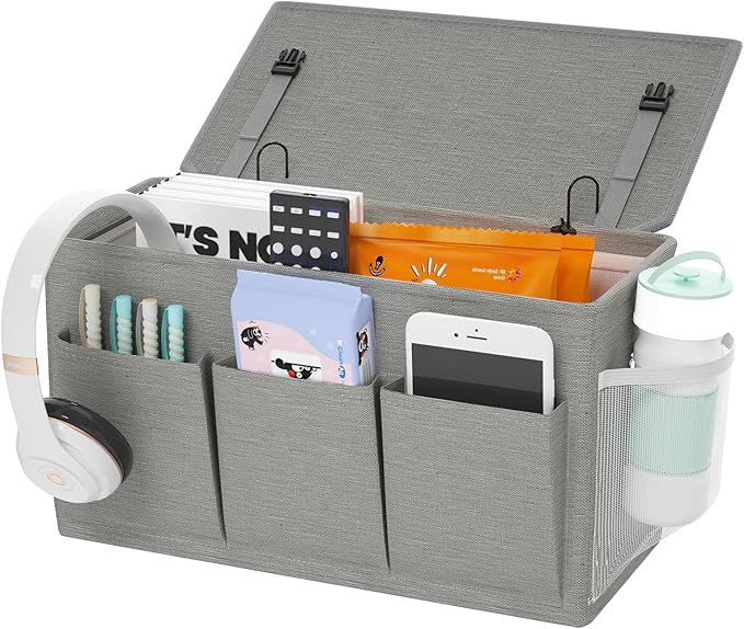 Bedside Caddy Storage Organizer for Bed Rails, Bed Caddy with 6 Pockets | Bedside Organizer with Fixed Straps and Hooks, Mattress Supported Versatile for Home, Dorm, Bunk, Hospital and Crib Bed