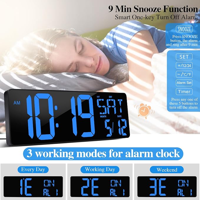 17.2"Large Digital Wall Clock Large Display with Remote Control 180°Visible | Timer with Temperature Date Week Auto DST Adjustable Brightness, for Living Room Classroom Garage Gym Gift for Senior Mom Dad