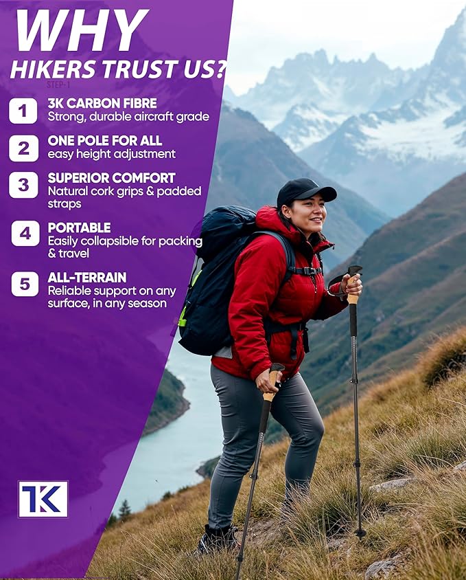 Collapsible Lightweight Trekking Poles – Walking Sticks for Seniors, Cork Grips Adjustable Carbon Fibre Nordic Poles for Men, Women, Hiking Ultralight for Backpacking or Camping –Carbon Pro
