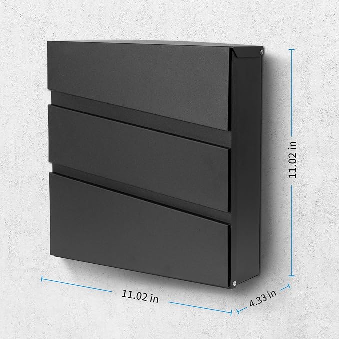 Wall-Mount Mailbox with Lock and Keys, Security Key Drop Box for House Outside, Locking Postbox, Steel Metal Rust-Proof Mail Box, 11.02 x 11.02 x 4.33 Inch, Black, MD002