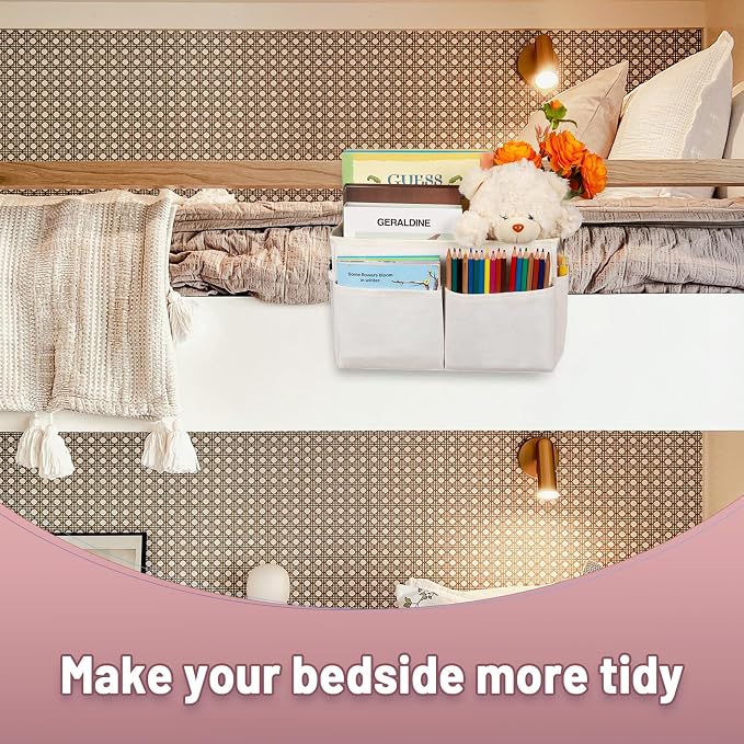 Bedside Caddy Organizer 5 Pockets and 4 Hooks for Bunk Bed White | Hanging Storage Bag for Headboards