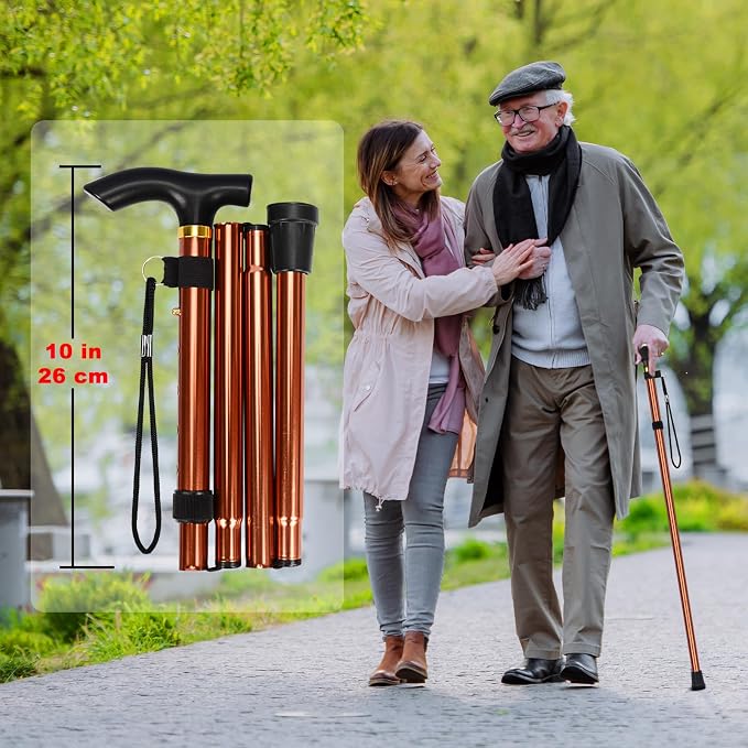 MFE Folding Cane, Portable 5-Level Adjustable Height Walking Stick with Foldable Design, Wrist Strap, and T Handle for Men and Women
