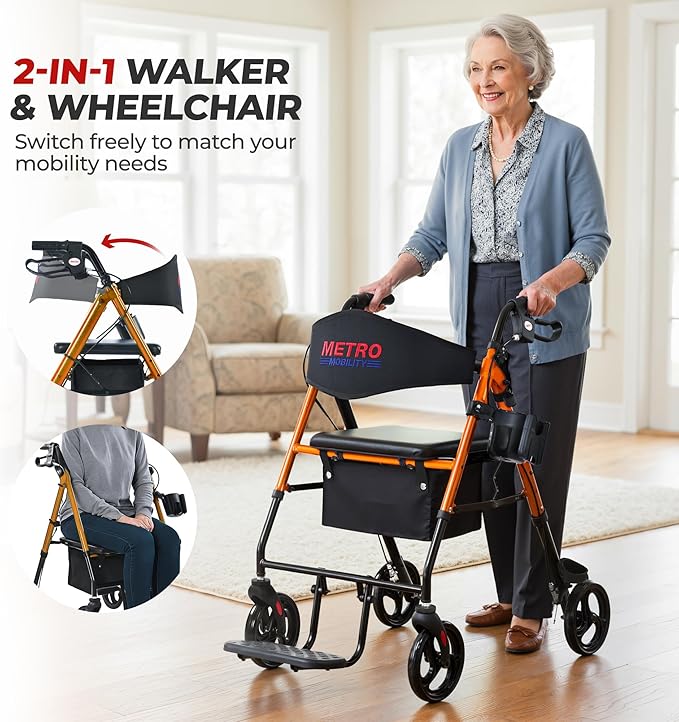 Metro Mobility 2 in 1 Rollator Walker & Transport Wheelchair, Foldable Lightweight Rollator Walker with Seat for Seniors, 8" Big Wheels for All Terrain, 300 lb. Weight Capacity, Orange