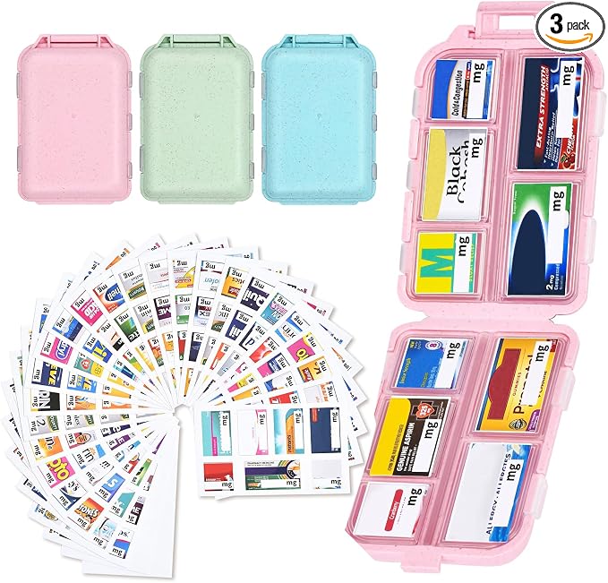 Large Travel Pill Organizer with 189 Medicine Labels, 10 Compartments Portable Small Pill Case Daily Medicine Storage Container for Purse, Car, Airplane and Vacation Trave 3 Pack