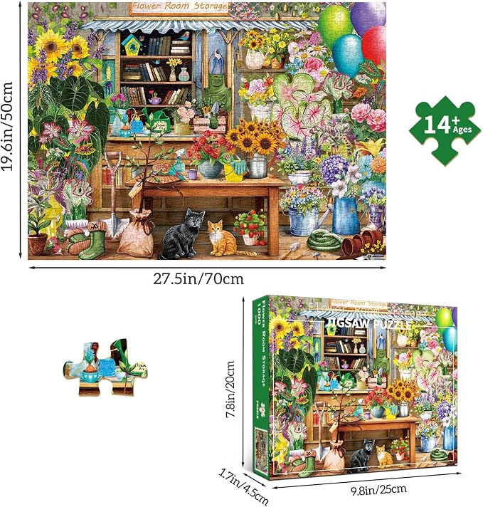 Flower Room Storage Puzzles for Adults 1000 Pieces | 1:1 HD Reference Poster，ABCD Letter Markings on Back,Matte Oil,High Bite Force