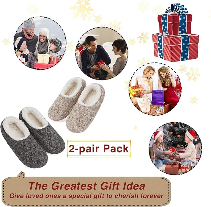 cosyone1997 2-Pair Thick Warm Fuzzy Slippers for Women Indoor Fluffy Sherpa Lined, Winter House Shoe Socks Non-Slip Soft Soles, Cozy Christmas Gifts