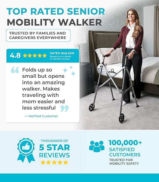 Stander Wonder Walker with 5-inch Wheels, Lightweight Folding Walker for Adults, Seniors, and Elderly, Collapsible Travel Walker, Ski Glides for Mobility Support, Compact, Black Walnut