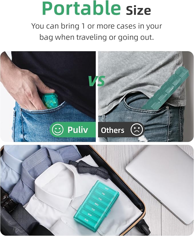PULIV Weekly Pill Organizer with Large Capacity, Dual Protection Pill Box 7 Day, Arthritis Friendly Pill Case Easy to Open, Medicine Organizer for Vitamins, Medications, Fish Oils, Supplements (Cyan)