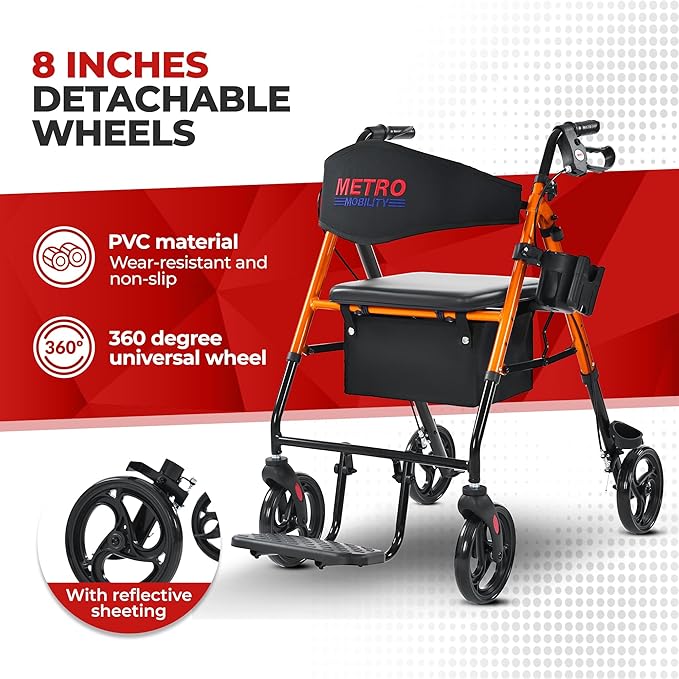 Metro Mobility 2 in 1 Rollator Walker & Transport Wheelchair, Foldable Lightweight Rollator Walker with Seat for Seniors, 8" Big Wheels for All Terrain, 300 lb. Weight Capacity, Orange