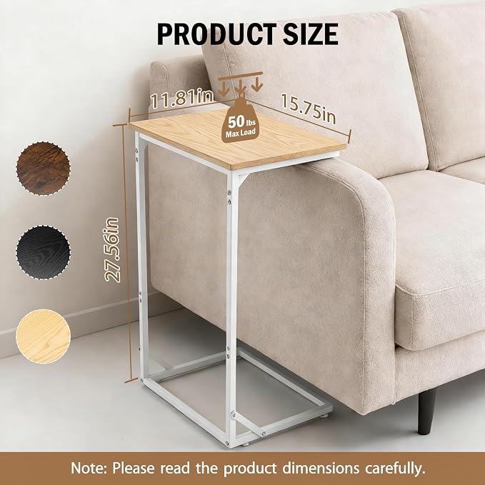C Shaped End Table for Couch, Small Side Table for Living Room & Bedroom, Slide Under Sofa Table for Laptop, Coffee, Snacks, Easy Assembly, Modern Design