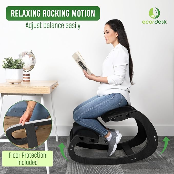 Ergonomic Kneeling Chair, Adjustable Seat - Office Chair for Desk, Posture Corrector, Premium Comfort Cushion, Wooden Rocking Knee Chair (Black Frame)