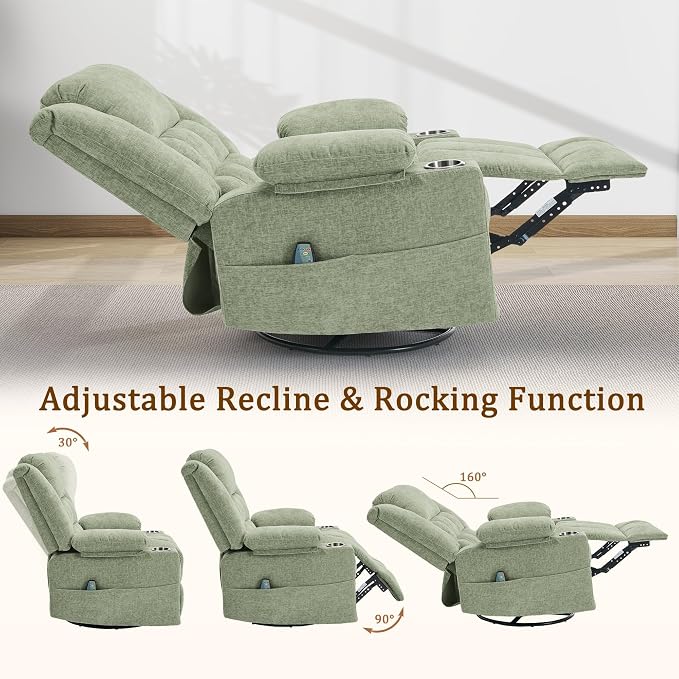 Korser Adult 360° Rotating Recliner with Massage and Heating Functions, Cup Holder and Manual Tilt Mechanism, Suitable for Living Room and Bedroom (Fabric, Turquoise)