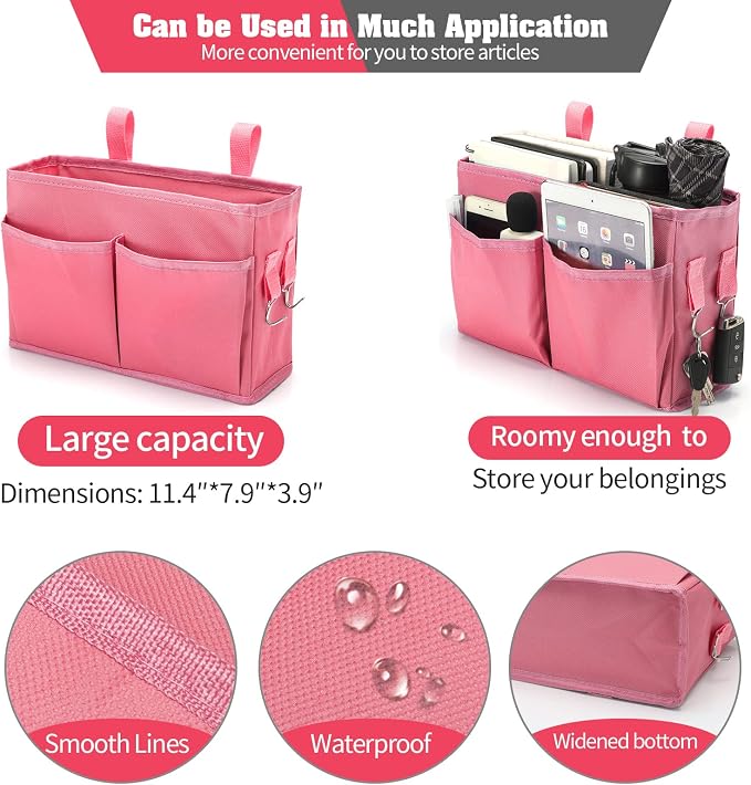 Bunk Bed Organizer, Bedside Caddy Hanging Storage Bag, Pink | 4 Pockets and 2 Hooks, For Dorm, Hospital, Baby Bed Rails, 600D Oxford Cloth