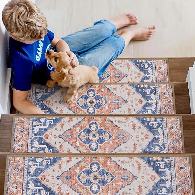 Lahome Non Slip Peel and Stick Stair Treads 15 Pack 8" X 30" Carpet Treads for Wood Stairs, Washable Self Adhesive Mat Edging Staircase for Tenant Defend The Steps from Scratches Dorie,Blue-Tan