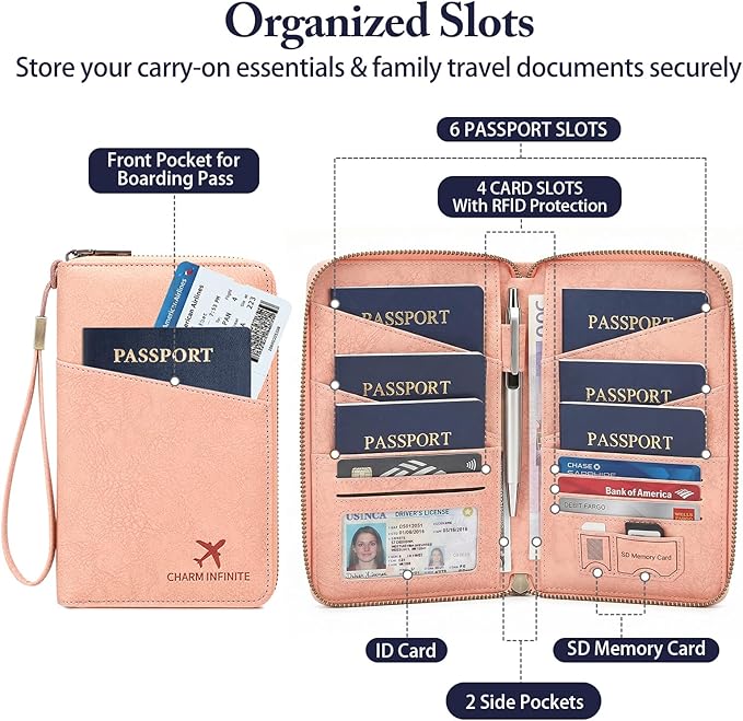 Family Passport Holder for Travel Women and Men RFID Blocking Passport Holder with Zipper Multi-functional Passport Wallet Passport Case Passport cover Travel Essentials