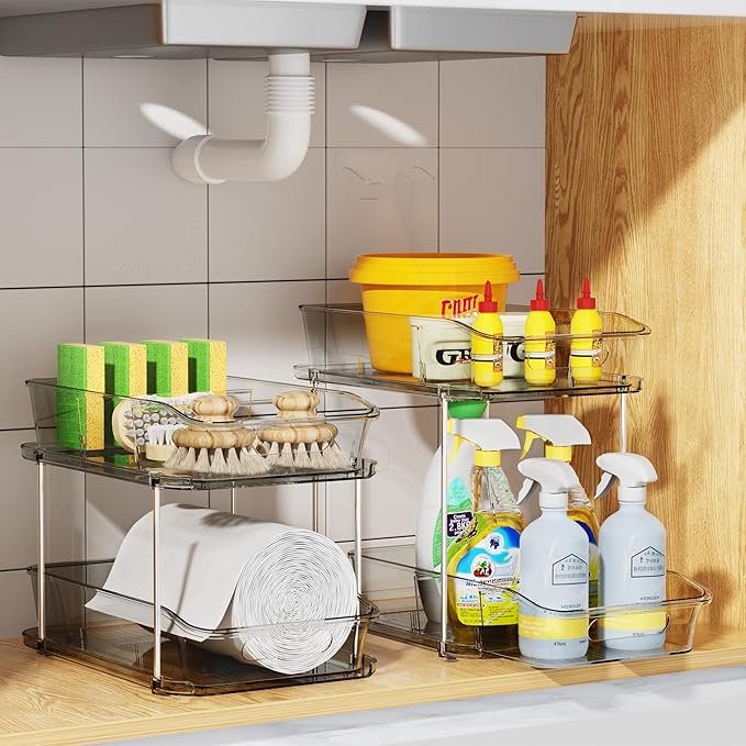Delamu 2-Tier Under Sink Organizers and Storage, Multi-Purpose Stackable Bathroom Cabinet Organizers, Pull Out Kitchen Pantry Organization and Storage with Dividers(2 Pack, Grey)